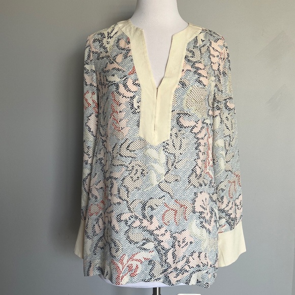 Tory Burch Silk Leaves Floral Sea corals Mosaic Print Dotted Blouse Tunic Top 4 - Picture 1 of 11
